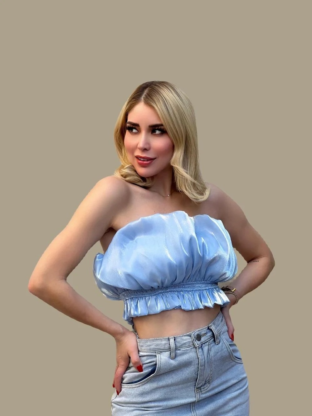 Shimmery Sky Blue Strapless Ruffle Crop Top